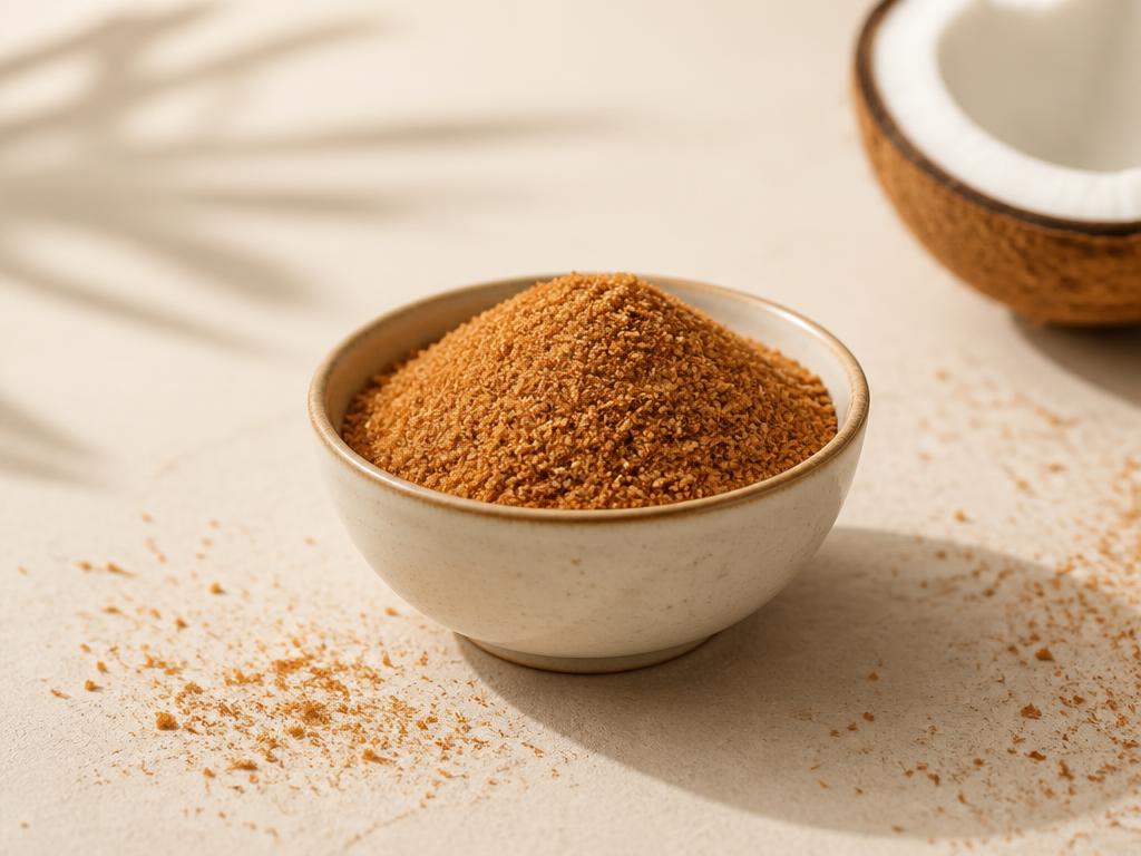 Unrefined golden coconut sugar granules in a ceramic bowl for export from India