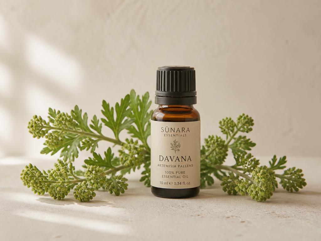 Amber bottle of steam-distilled Dhavanam (davana) essential oil with fresh davana herb