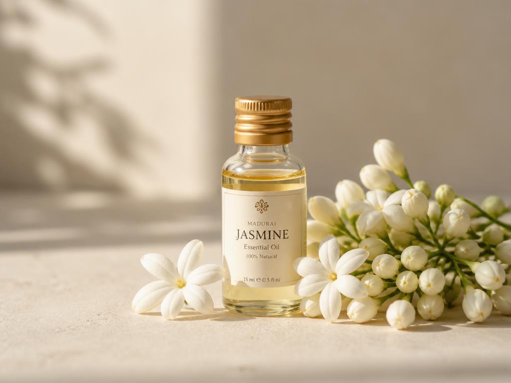 Madurai Malli jasmine blossoms beside a bottle of jasmine absolute essential oil
