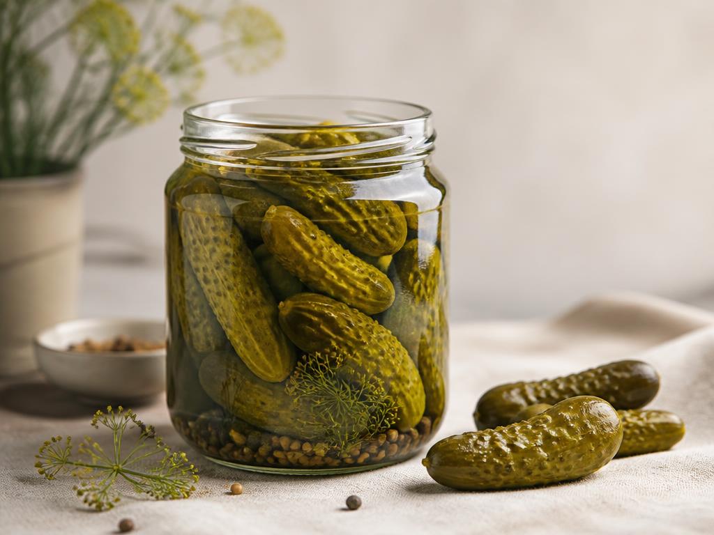 Pickled gherkins in a glass jar with brine, contract-farmed in Karnataka for export